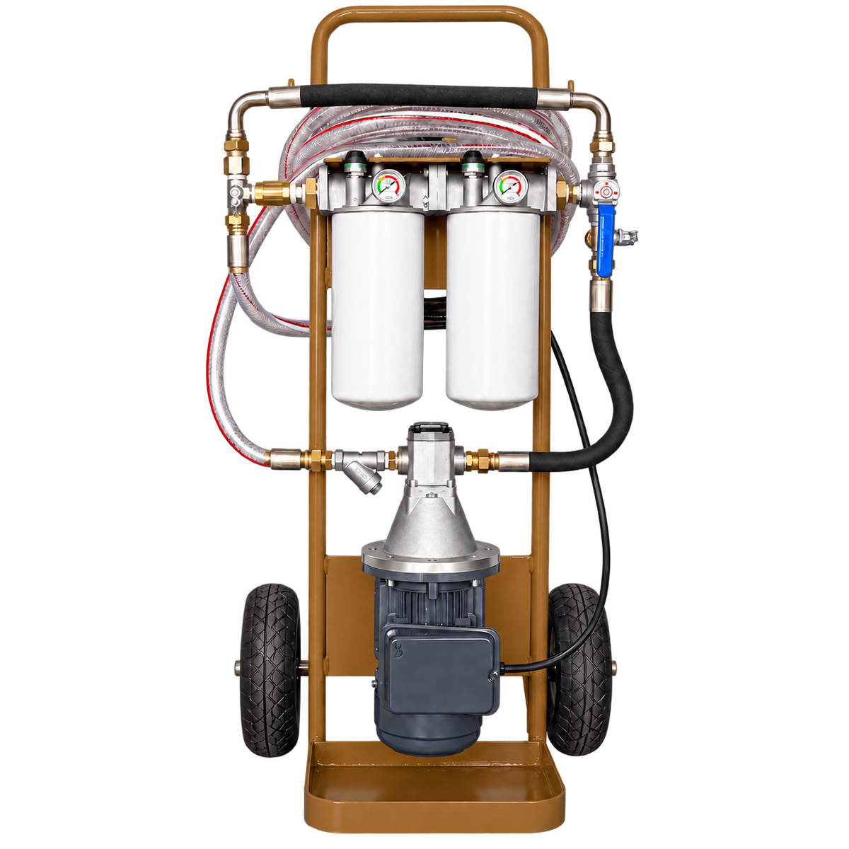 DFP portable filter cart for hydraulic and lubrication oil, with dual-stage filtration, gauges and a motor-driven pump